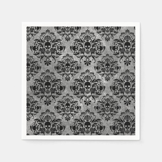 Glam Goth Mini Skull Damask Pattern Black Grey Napkin (Front)