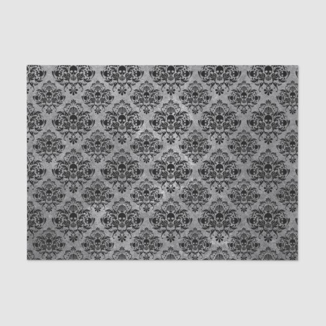 Glam Goth Mini Skull Damask Pattern Black Grey Tissue Paper (Front)