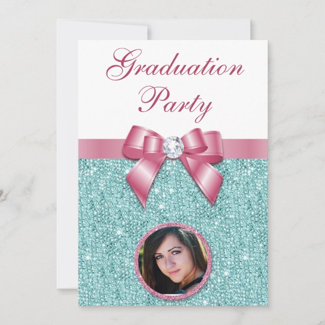 Glam Graduation Party Bow Diamonds Add Your Photo Invitation (Front)