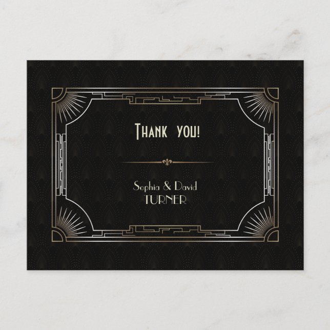 Glam Great Gatsby Gold Art Deco Wedding Thank You Postcard (Front)