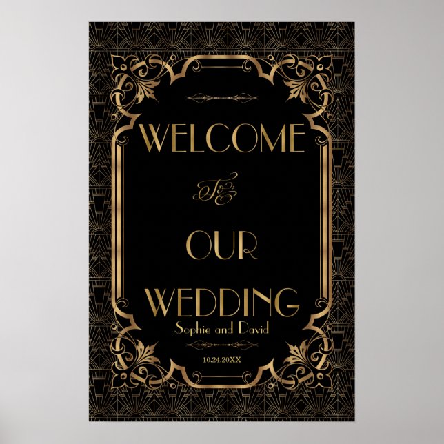 Glam Great Gatsby Gold Black Wedding Welcome Sign (Front)