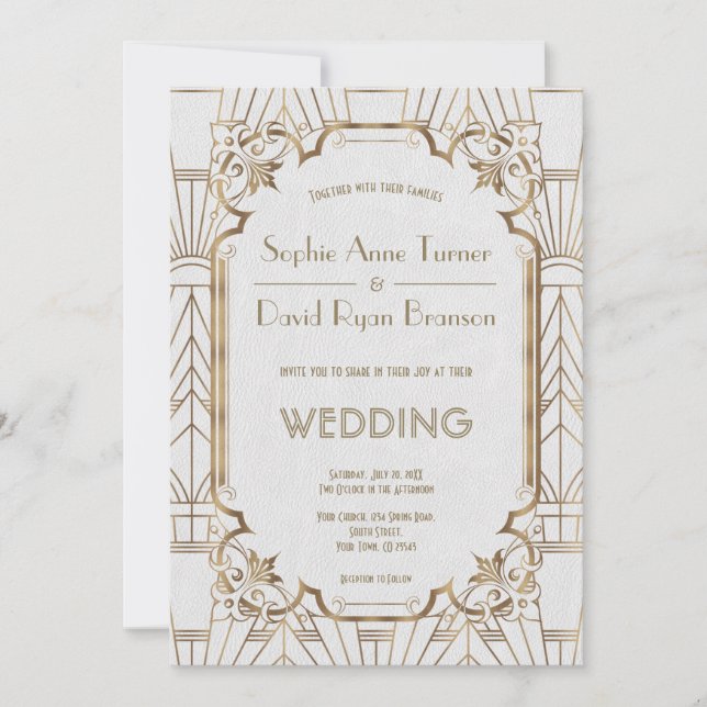 Glam Great Gatsby White Art Deco 20s Wedding Invitation (Front)
