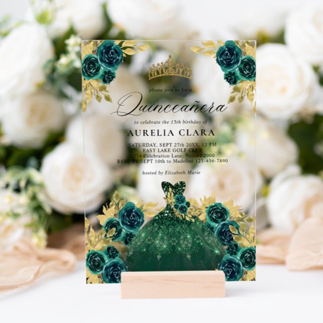 Glam Green Dress Floral 15th Quinceañera Acrylic Invitations (Creator Uploaded)