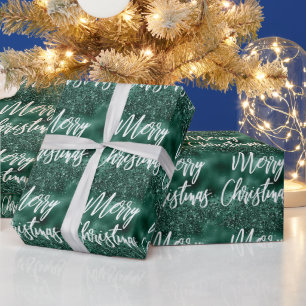 Glam Green Foil Glitter Merry Christmas Script Wrapping Paper