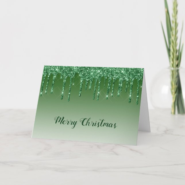 Glam Green Glitter Drips Christmas Holiday Card (Front)