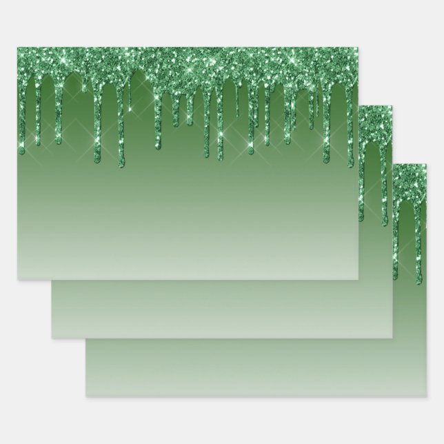 Glam Green Glitter Drips Christmas Wrapping Paper Sheet (Set)