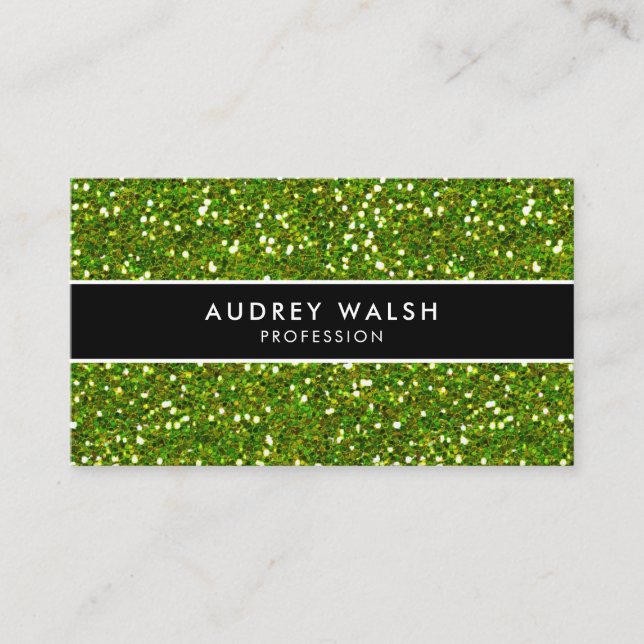 Glam Green GLITTER  Shiny Black Striped Business Card (Front)