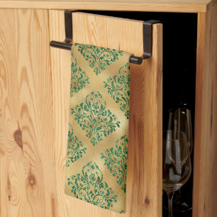 Glam Green Gold Damask Pattern Tea Towel