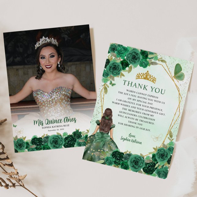 Glam Green Gold Floral Princess Quinceañera Photo Thank You Card (Creator Uploaded)