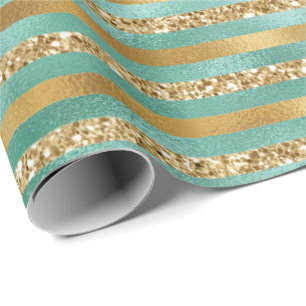 Glam Green Gold Glitter Stripes Wrapping Paper