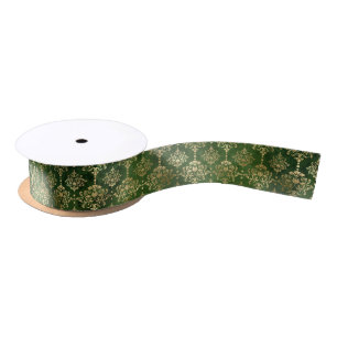Glam Green Gold Pattern Christmas Satin Ribbon