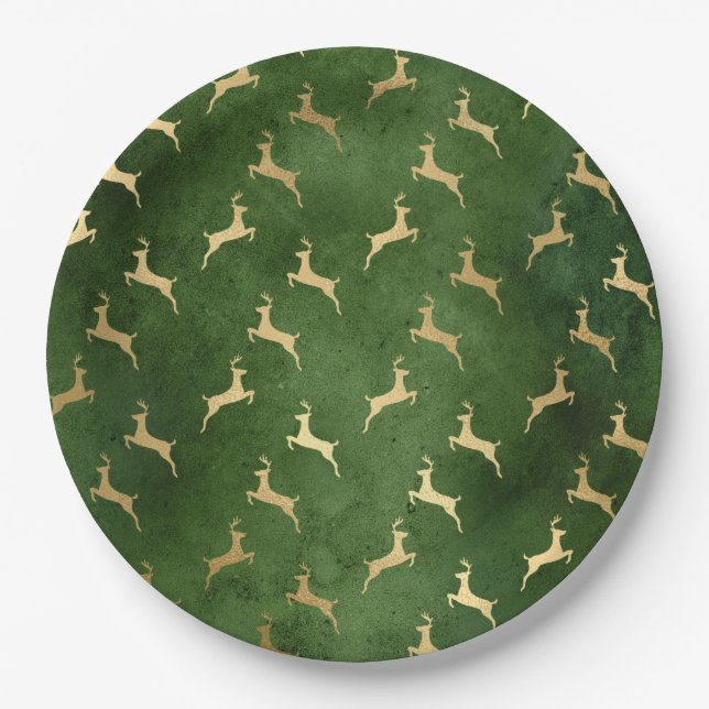 Glam Green Gold Reindeer Christmas Paper Plate (Front)