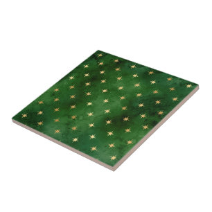 Glam Green Gold Stars Christmas Tile