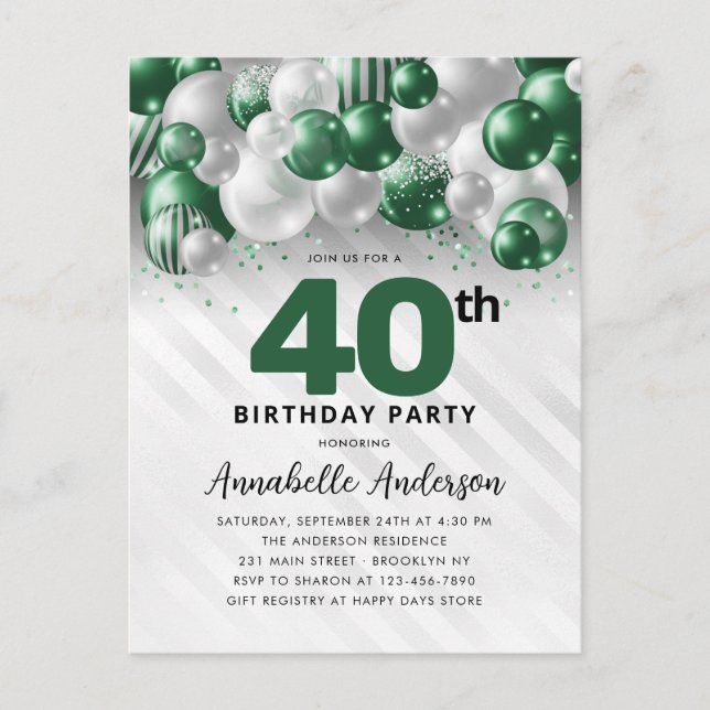 Glam Green Silver Balloon Glitter 40th Birthday  Postcard (Front)