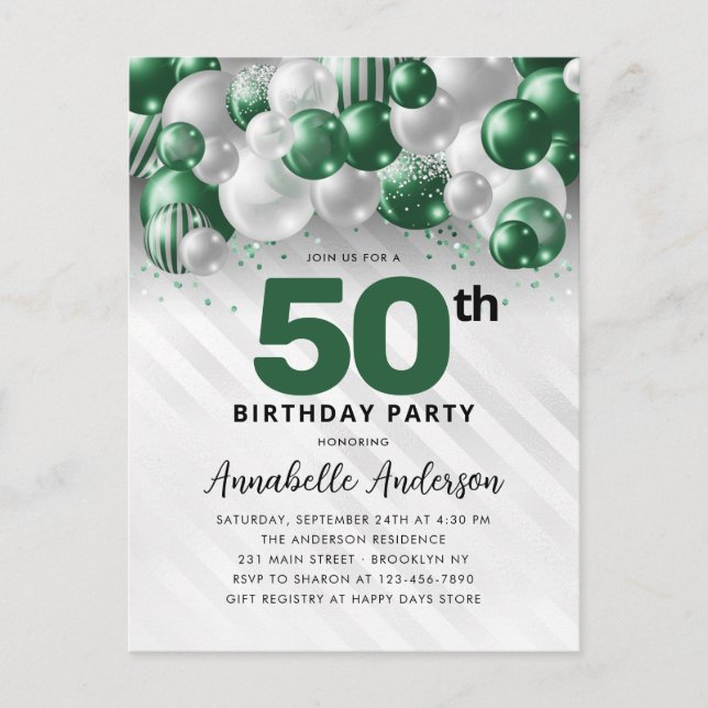 Glam Green Silver Balloon Glitter 50th Birthday  Postcard (Front)