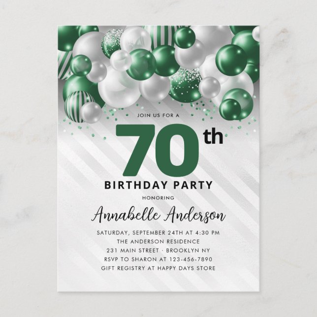 Glam Green Silver Balloon Glitter 70th Birthday  Postcard (Front)