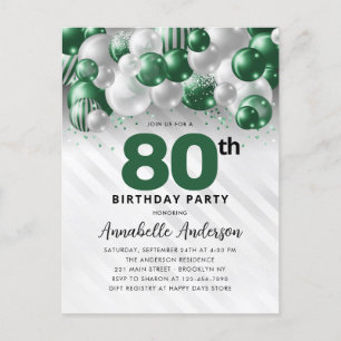 Glam Green Silver Balloon Glitter 80th Birthday Postcard
