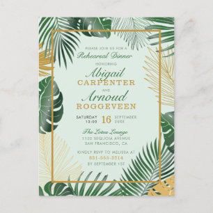 Glam Green Tropical Leaves Modern Rehearsal Dinner Invitation Postcard