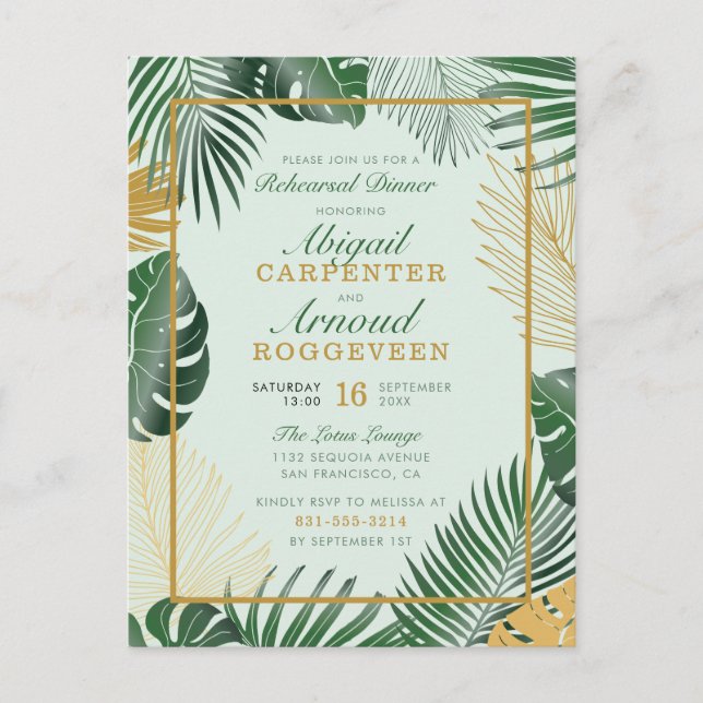 Glam Green Tropical Leaves Modern Rehearsal Dinner Invitation Postcard (Front)