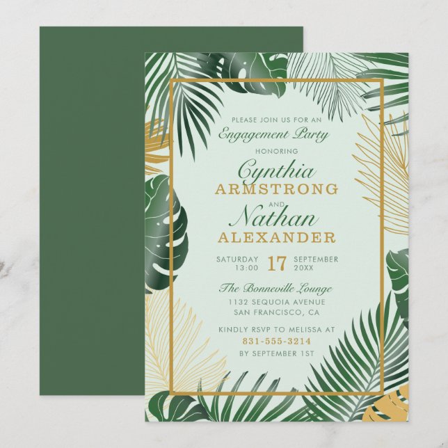 Glam Green Tropical Leaves Trendy Engagement Party Invitation (Front/Back)