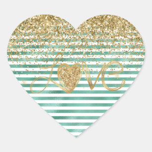 Glam Green White Stripes Gold Glitter Heart Love Sticker