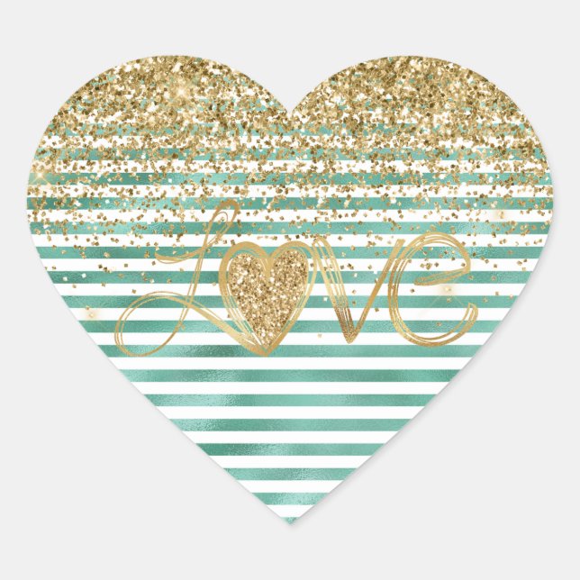 Glam Green White Stripes Gold Glitter Heart Love Sticker (Front)