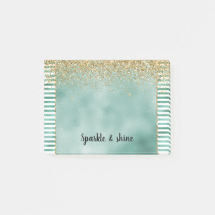 Glam Green White Stripes Gold Glitter Post-it Notes