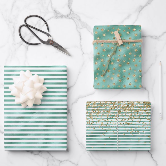 Glam Green White Stripes Gold Glitter Wrapping Paper Sheet (Front)