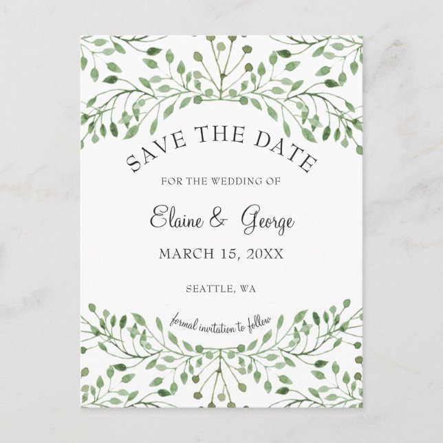 Glam Greenery wedding save the date cards (Front)