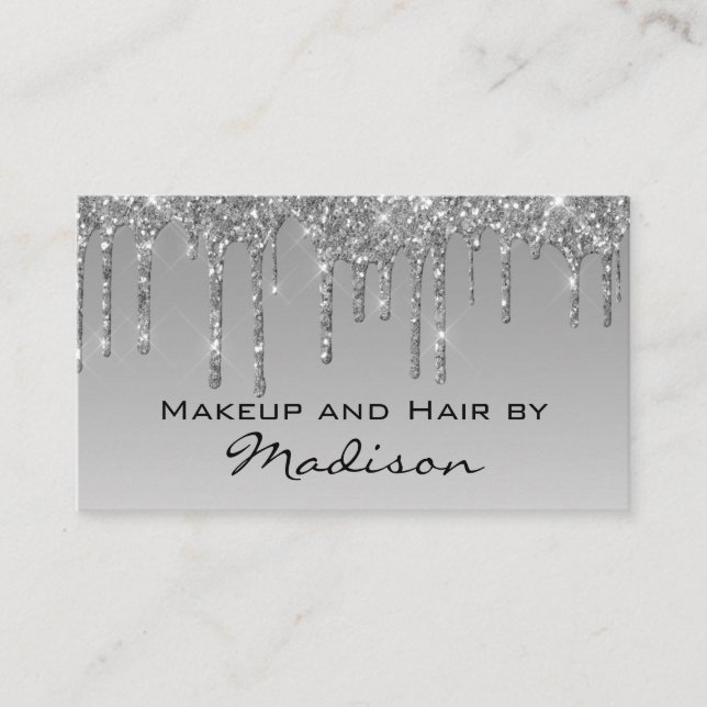 Glam Grey Silver Glitter Drips Makeup Artist Business Card (Front)