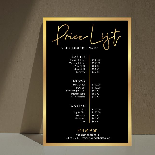 Glam Hair Stylist Black & Gold Price List Poster (Black and Gold Effect Price List Poster, can be used for any type of business)