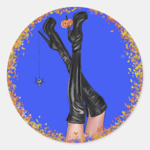 Glam Halloween Witch Legs in High Heels & Leaves Classic Round Sticker