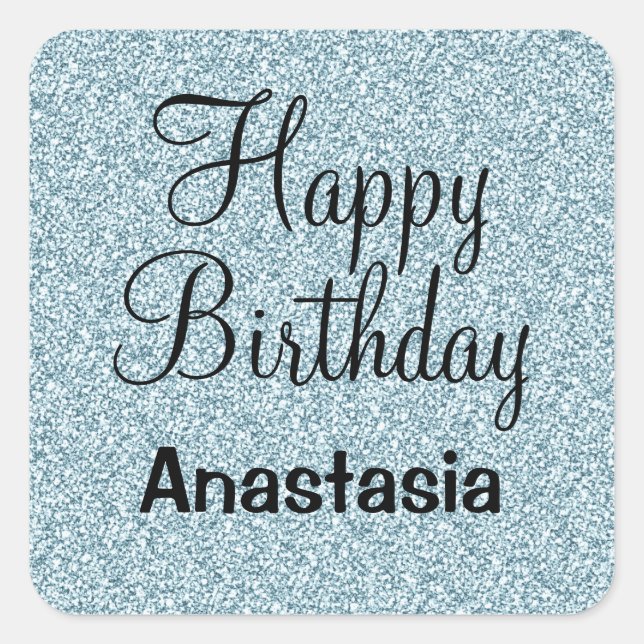 Glam Happy Birthday Blue Silver Glitter Sparkles Square Sticker (Front)