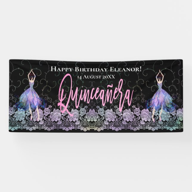 Glam Happy Birthday Dancers Quinceanera Pink Black Banner (Horizontal)