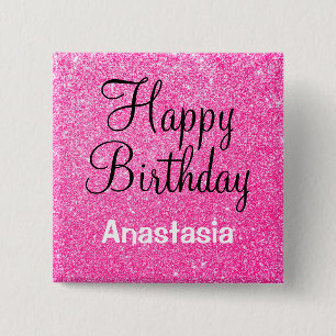 Glam Happy Birthday Hot Pink Glitter Sparkle Name 15 Cm Square Badge