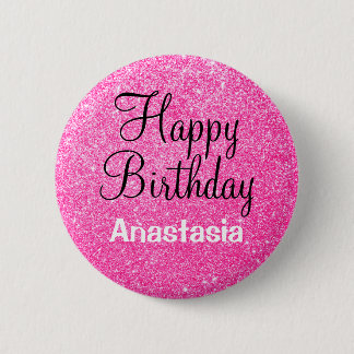 Glam Happy Birthday Hot Pink Glitter Sparkle Name 6 Cm Round Badge