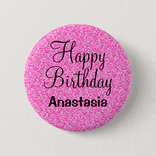 Glam Happy Birthday Hot Pink Glitter Sparkle Name 6 Cm Round Badge