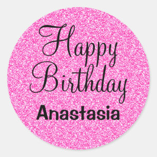 Glam Happy Birthday Hot Pink Glitter Sparkle Name Classic Round Sticker