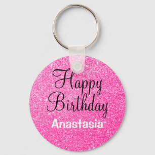Glam Happy Birthday Hot Pink Glitter Sparkle Name Key Ring