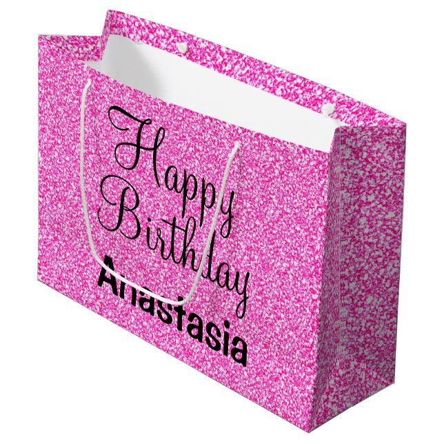 Glam Happy Birthday Hot Pink Glitter Sparkle Name Large Gift Bag (Front Angled)