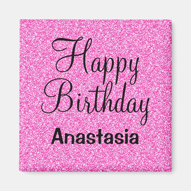 Glam Happy Birthday Hot Pink Glitter Sparkle Name Magnet (Front)