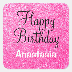 Glam Happy Birthday Hot Pink Glitter Sparkle Name Square Sticker