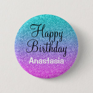 Glam Happy Birthday Ombre Pink Blue Purple Glitter 6 Cm Round Badge