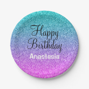 Glam Happy Birthday Ombre Pink Blue Purple Glitter Paper Plate