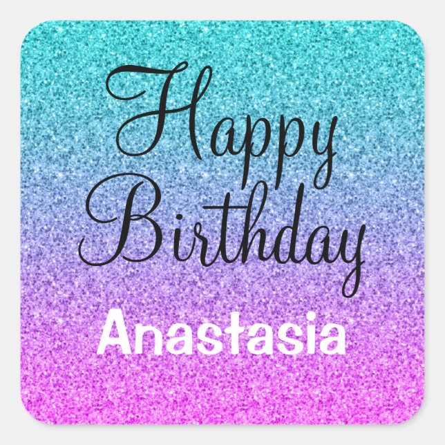 Glam Happy Birthday Ombre Pink Blue Purple Glitter Square Sticker (Front)