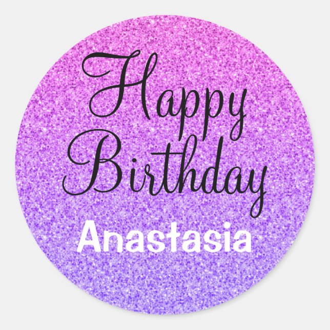 Glam Happy Birthday Ombre Purple Glitter Sparkles Classic Round Sticker (Front)