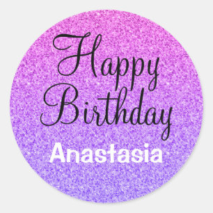 Glam Happy Birthday Ombre Purple Glitter Sparkles Classic Round Sticker
