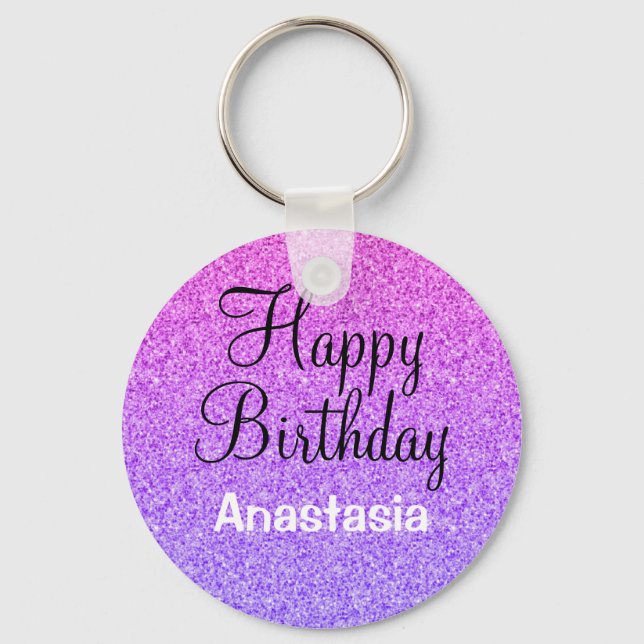 Glam Happy Birthday Ombre Purple Glitter Sparkles Key Ring (Front)