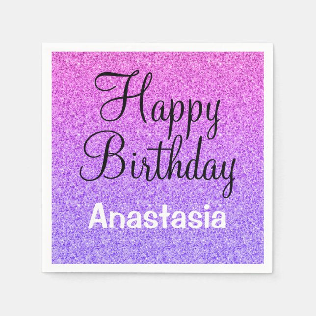 Glam Happy Birthday Ombre Purple Glitter Sparkles Napkin (Front)