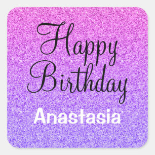 Glam Happy Birthday Ombre Purple Glitter Sparkles Square Sticker